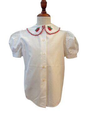 Vintage Strawberry Embroidered Peter Pan Collar Blouse Girls Size 10 White
